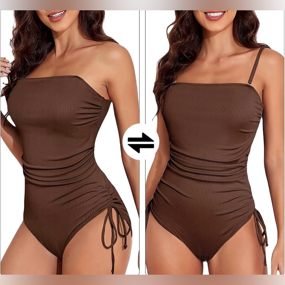 Aleumdr Women's Ribbed One Piece Tummy Control Swimsuit Cheeky Tie Side Size Sm - Picture 3 of 11